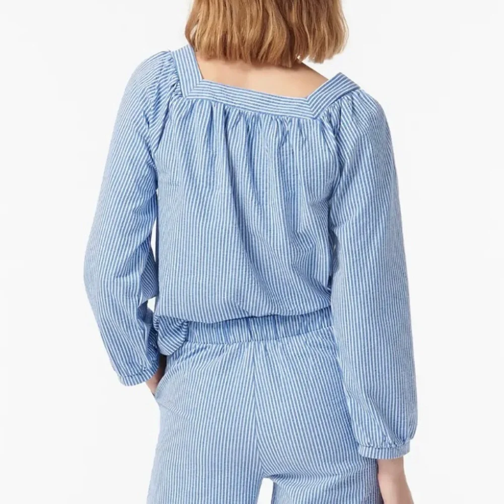 J. Crew Blue/White Striped Seersucker Square-Neck Top Size XS Coastal Beach Boho